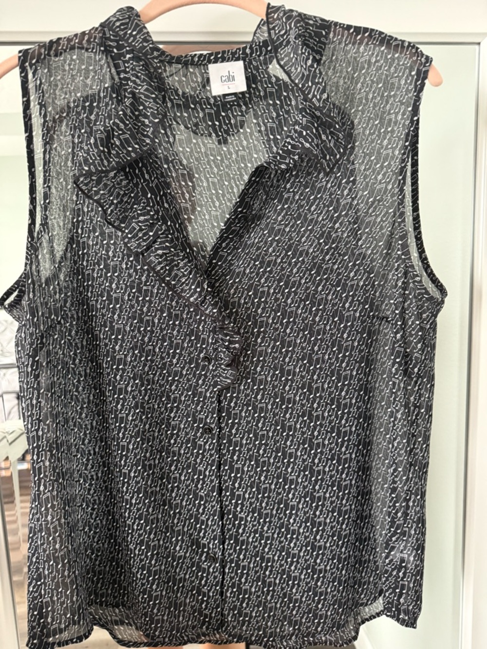 CAbi Sing-Along Black Sheer Ruffle-Trim Sleeveless Button Blouse